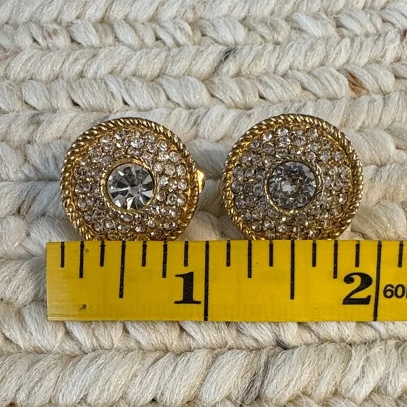 CHANEL Gold-Tone Pave Crystal Round Button Earrings - Picture 6 of 7